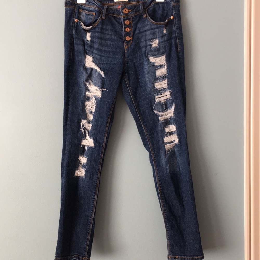Dark Straight Leg Holed Denim Jeans